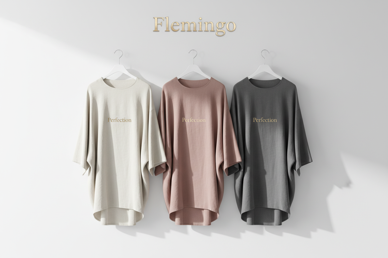 Three oversized shirts hanging neatly on three modern hangers against a clean white background. At the top, place the brand name in a luxury, elegant font with a soft light-gold metallic color. Each oversized shirt should have a minimal, classy word like ‘Perfection’ printed on the lower area. The overall look must be premium, balanced, and high-end.